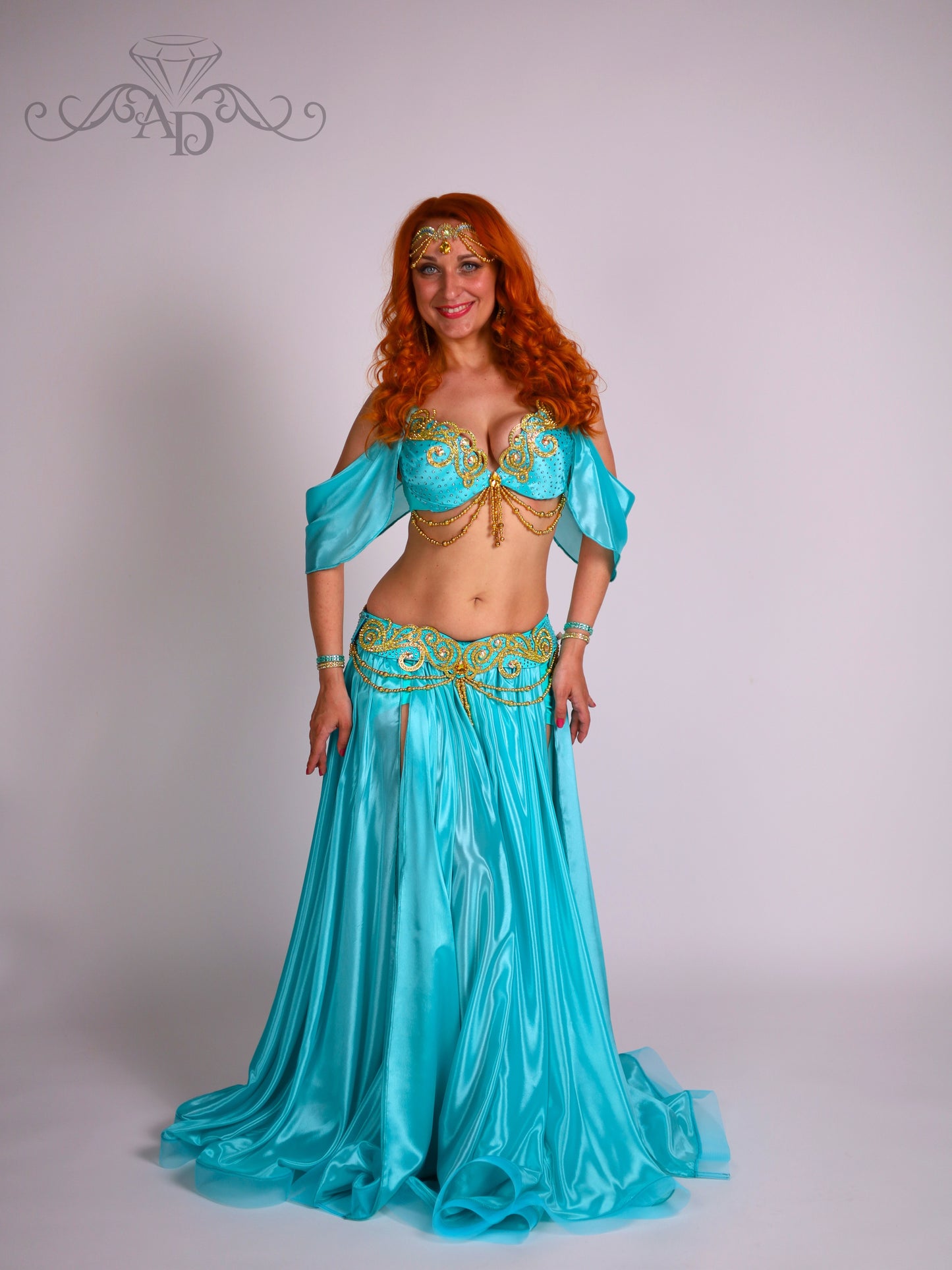 Luxury Belly Dance Costume with Full Circle Pearl Chiffon Skirt