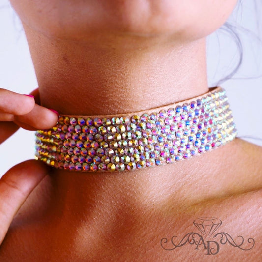 Crystal AB rhinestone ballroom dance choker by Amalia Design, elegant belly dance jewelry and latin dance necklace for competitions and stage performances.