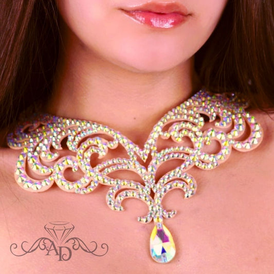 Crystal AB rhinestone statement necklace by Amalia Design, bold dance jewelry for drag queen shows, festival accessories and cabaret stage performances.