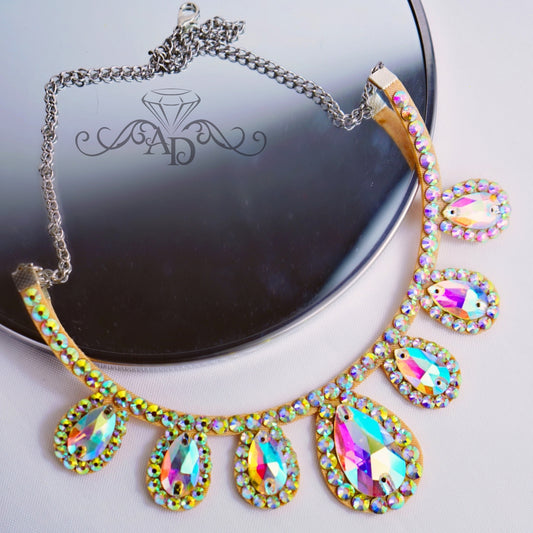 Crystal AB ballroom dance necklace with teardrop rhinestones, elegant belly dance jewelry by Amalia Design. Rhinestone dance necklace for stage performances and competitions.