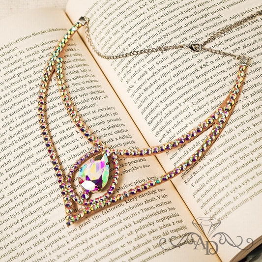 Crystal AB rhinestone ballroom dance necklace with teardrop centerpiece by Amalia Design, elegant ballroom and belly dance jewelry for stage and competition performances.