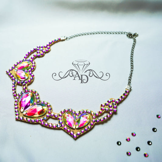 Crystal AB ballroom dance necklace with heart design, elegant belly dance jewelry by Amalia Design. Rhinestone dance necklace perfect for stage performances and competitions