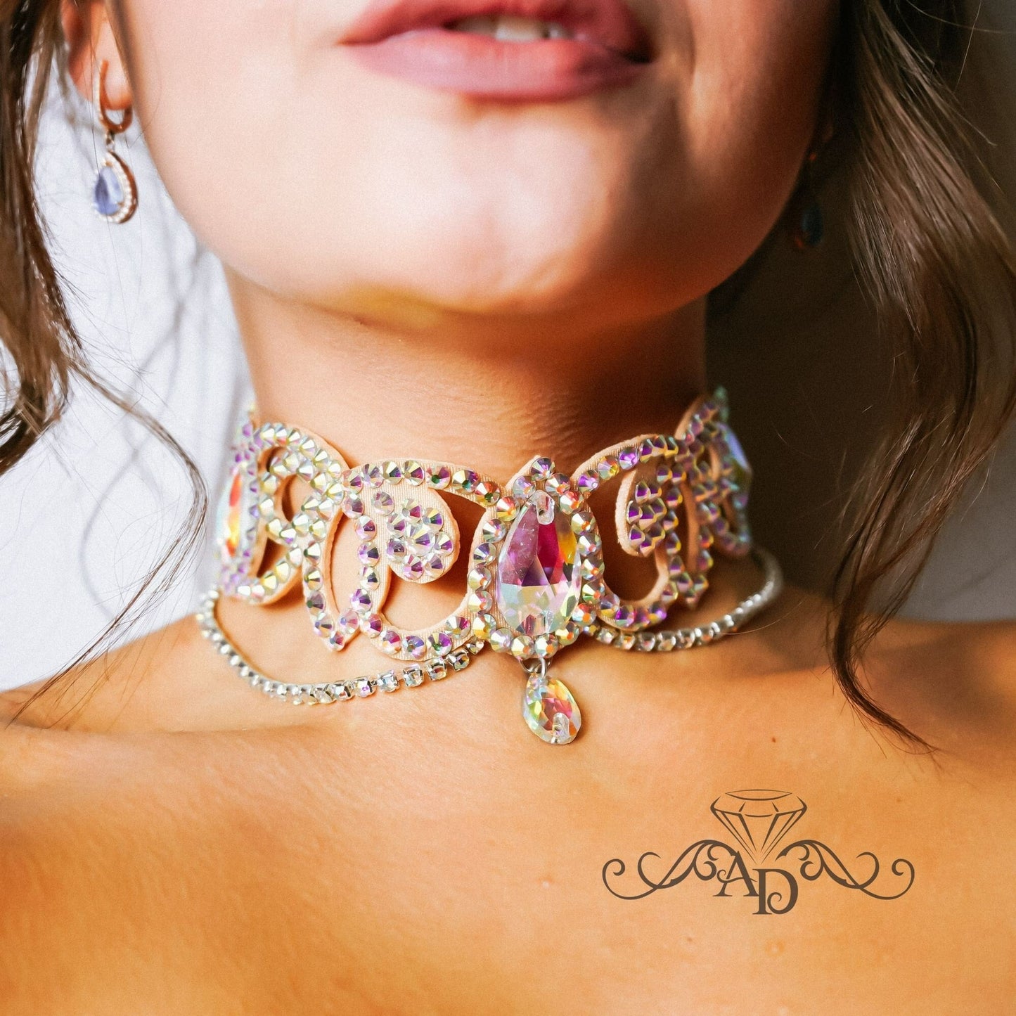Crystal AB rhinestone ballroom dance choker necklace by Amalia Design with teardrop crystals, perfect for latin dance jewelry and competition costumes.