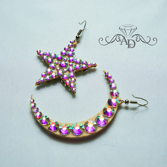 Dance Rhinestone Earrings - Moon & Star