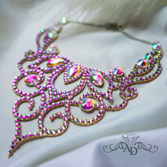 Crystal AB rhinestone statement necklace with ornate swirling design and teardrop accents, perfect for drag queen performances, pride festivals and show costumes.