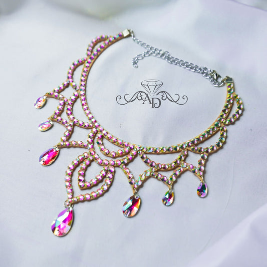 Showgirl crystal AB rhinestone necklace with cascading teardrop pendants by Amalia Design, glamorous burlesque and cabaret jewelry for stage performances and drag queen shows.