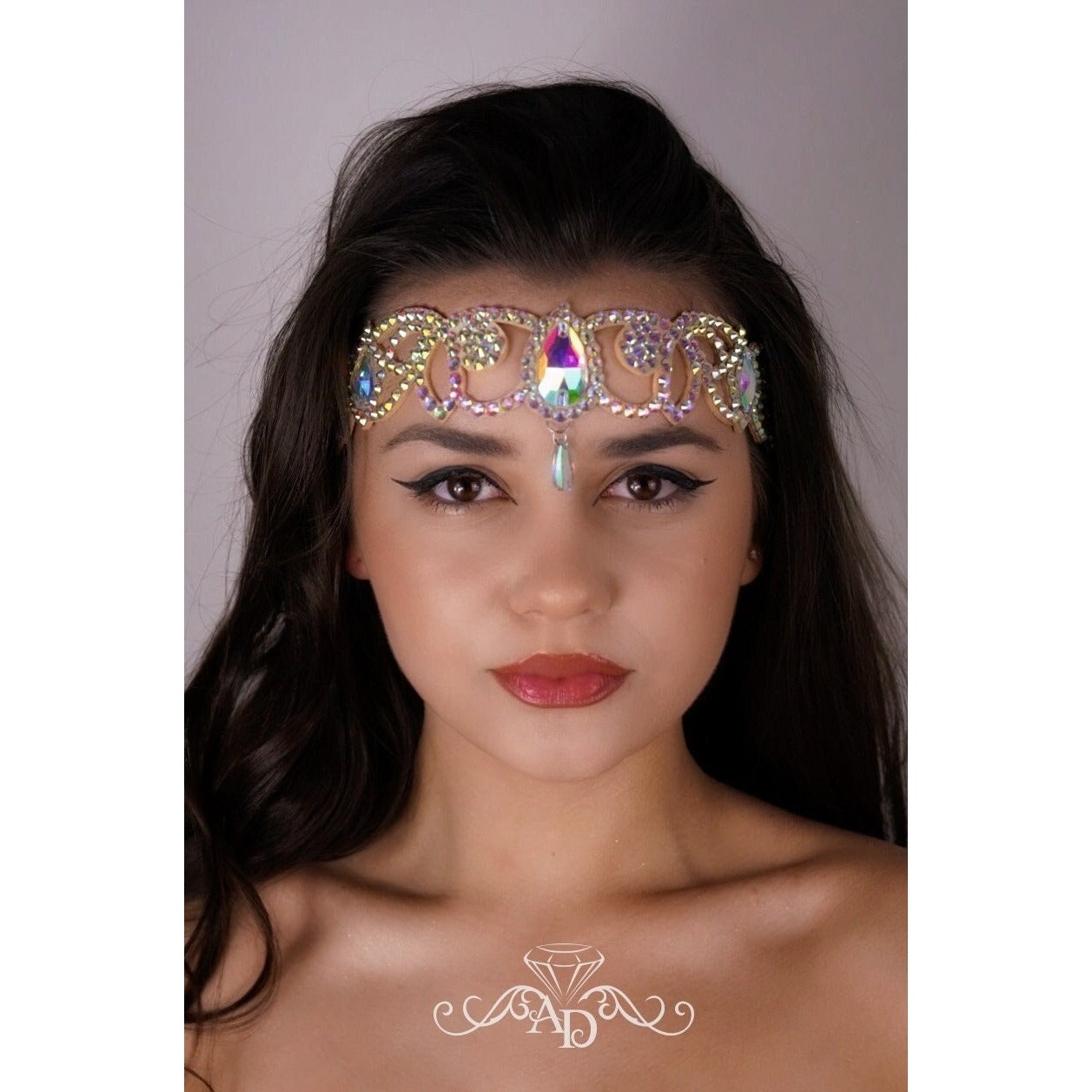 Crystal dance hair piece with AB rhinestones, ballroom headpiece and belly dance headpiece jewelry by Amalia Design. Elegant ballroom hair accessories for dance performances and stage shows.