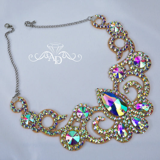 Crystal AB rhinestone necklace with teardrop centerpiece and ornate circular accents, crafted for bellydance costumes and stage performances.