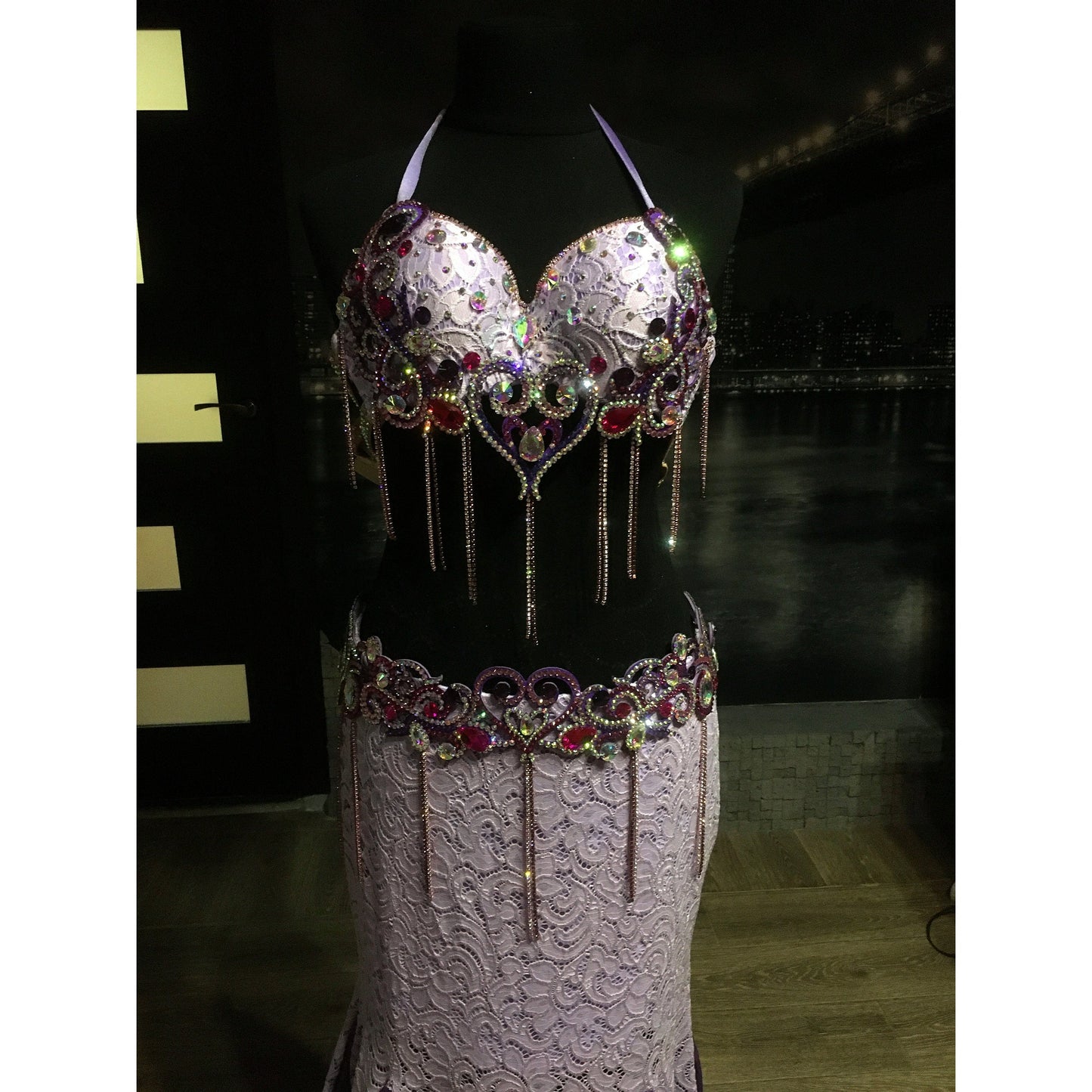 Lavender bellydance costume with lace mermaid skirt and rhinestone fringe