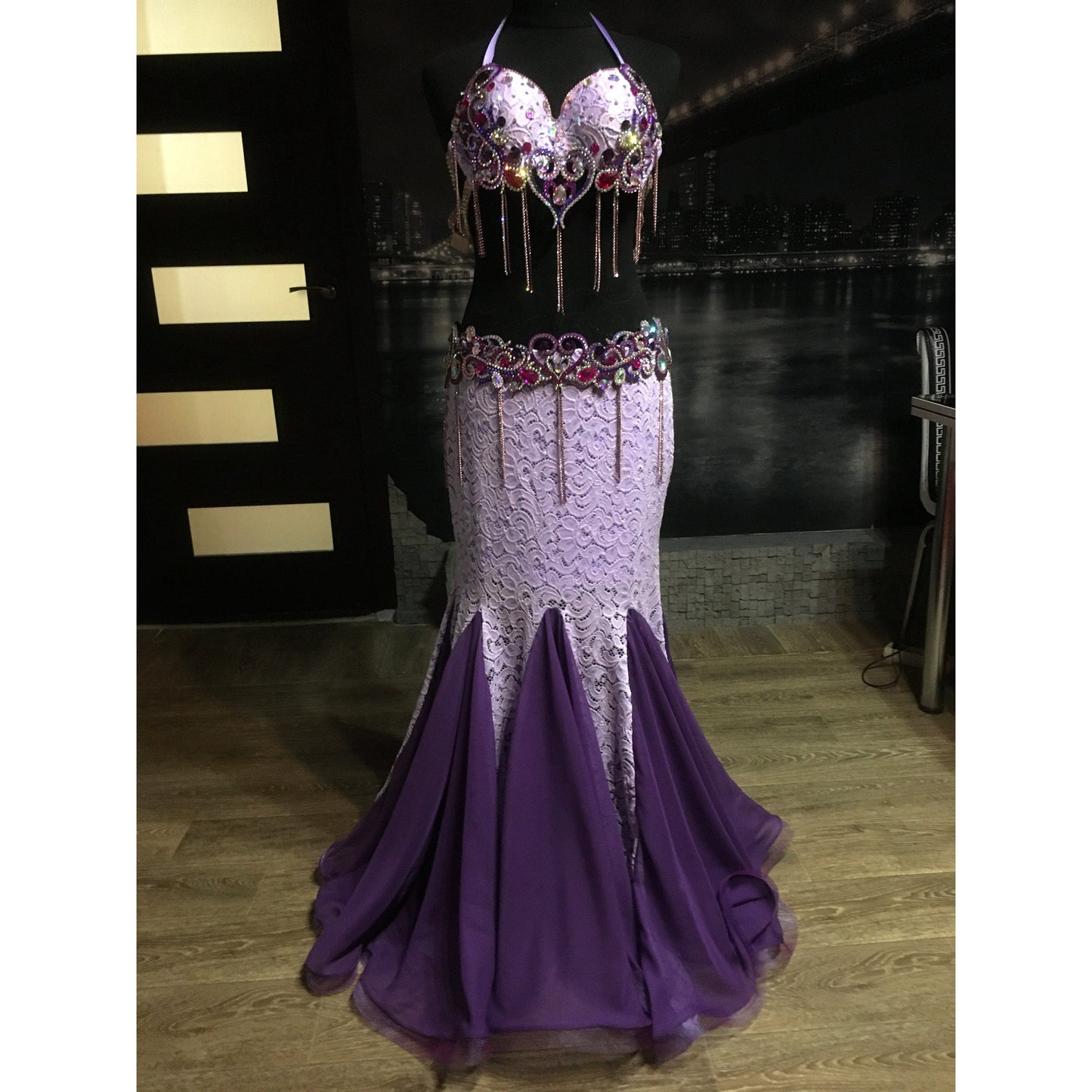 Lavender Bellydance Costume with Mermaid Lace Skirt