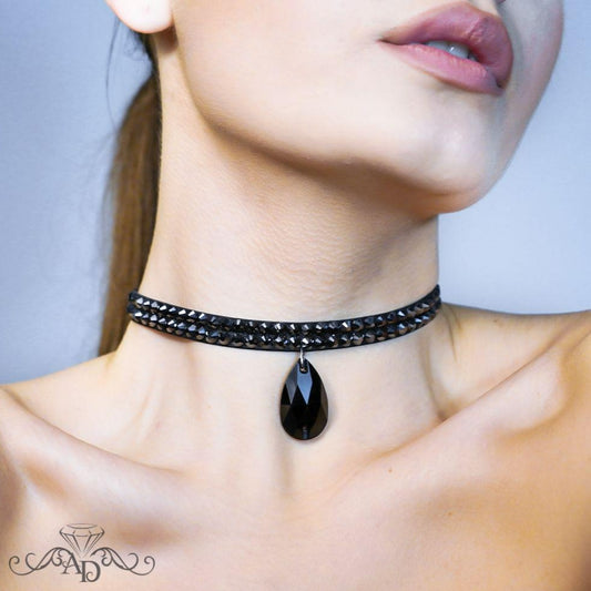 Black rhinestone ballroom dance choker necklace with teardrop pendant by Amalia Design, elegant belly dance jewelry and burlesque accessory for stage performances and showgirls costumes.