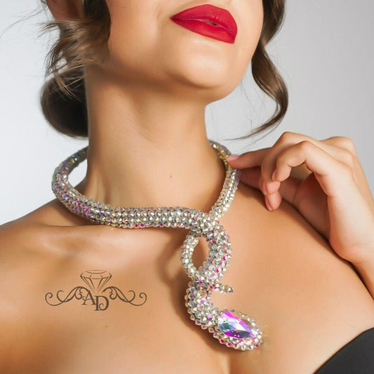 Sparkling crystal AB rhinestone snake necklace by Amalia Design, dazzling dance jewelry for showgirls, burlesque performances and stage costumes.