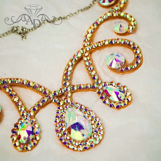 Crystal AB rhinestone ballroom dance necklace, elegant belly dance necklace by Amalia Design. Sparkling dance jewelry for stage performances and competitions.
