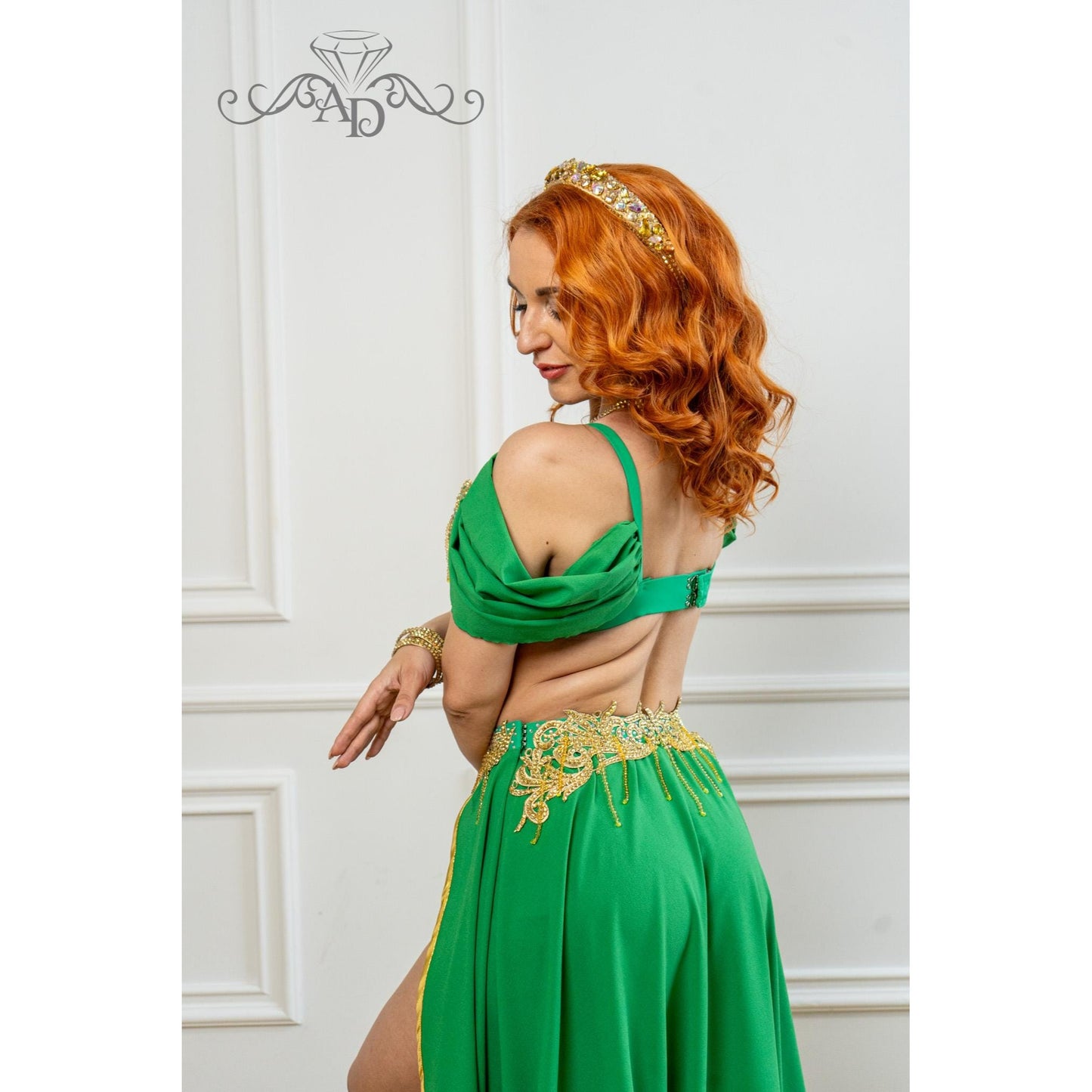 Golden Era Green Belly Dance Costume with Angelica Bra and Embroidered Skirt