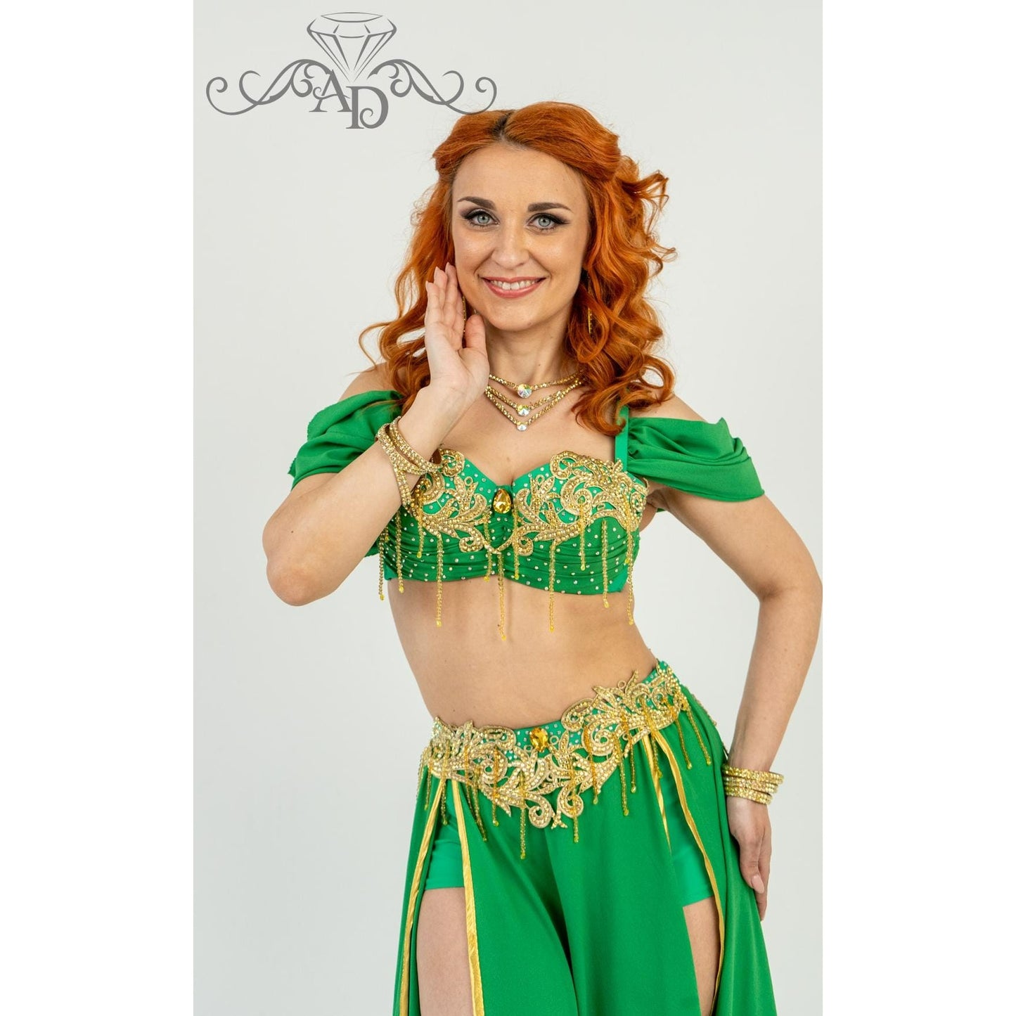 Golden Era Green Belly Dance Costume with Angelica Bra and Embroidered Skirt