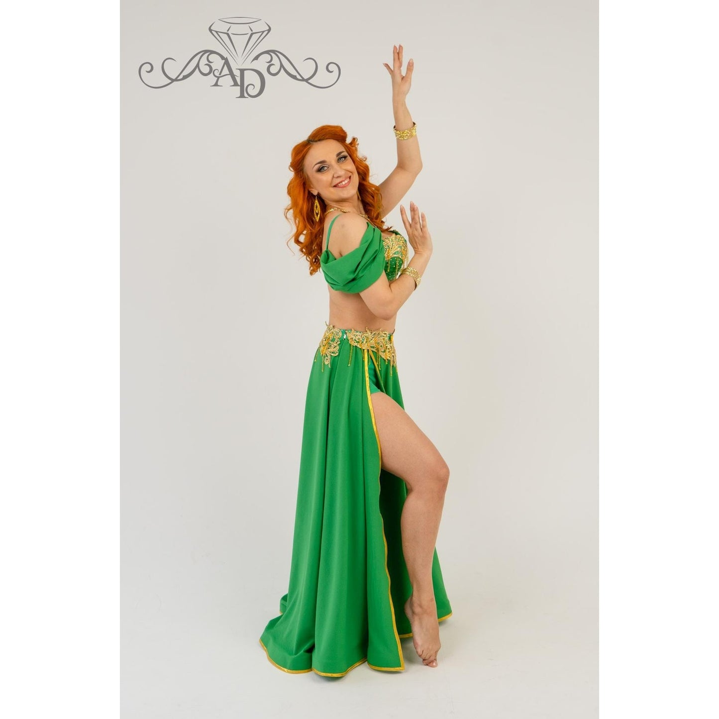 Golden Era Green Belly Dance Costume with Angelica Bra and Embroidered Skirt