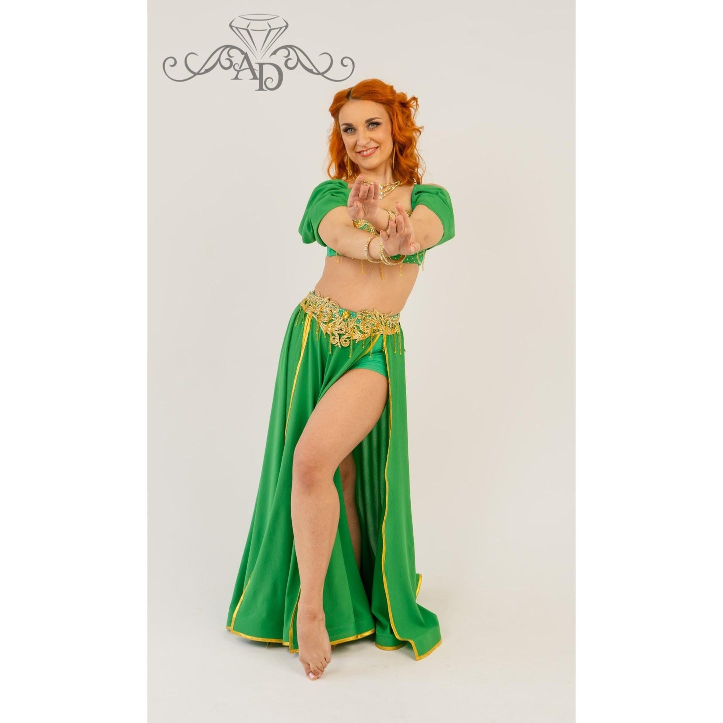 Golden Era Green Belly Dance Costume with Angelica Bra and Embroidered Skirt