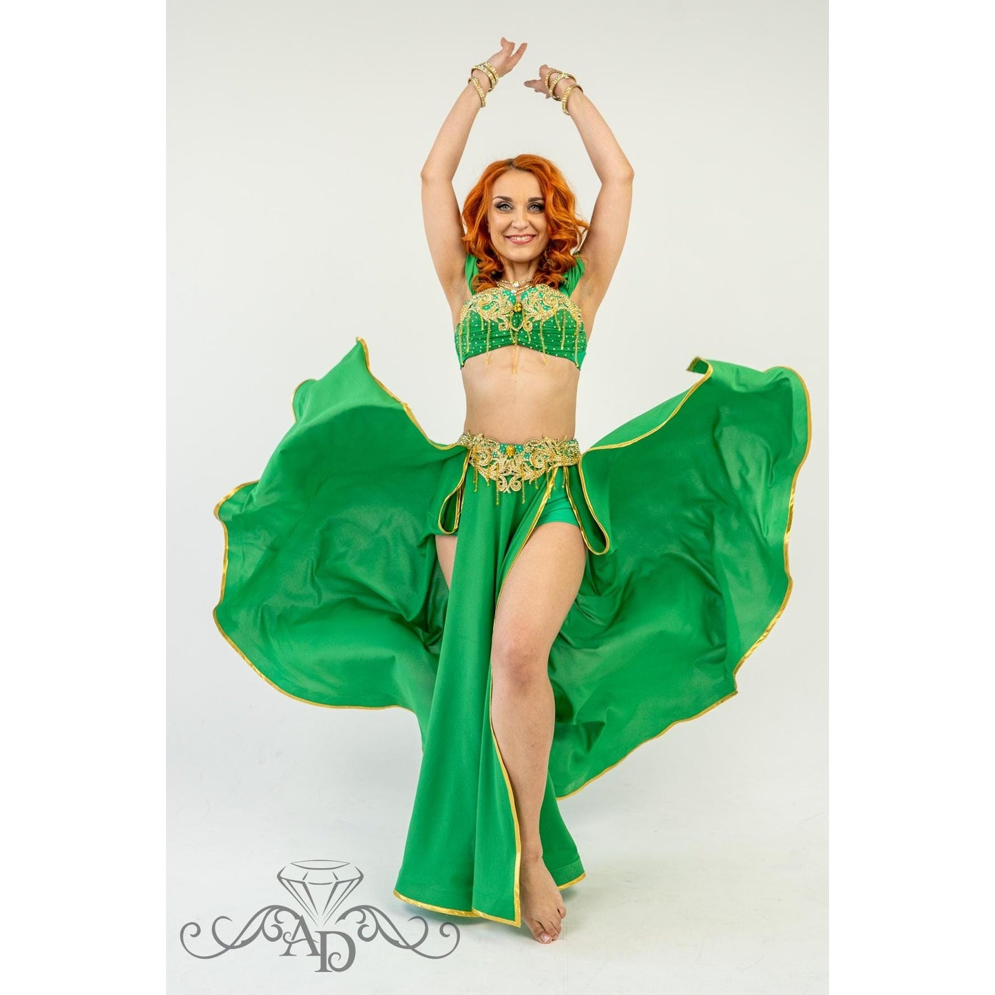Golden Era Green Belly Dance Costume with Angelica Bra and Embroidered Skirt