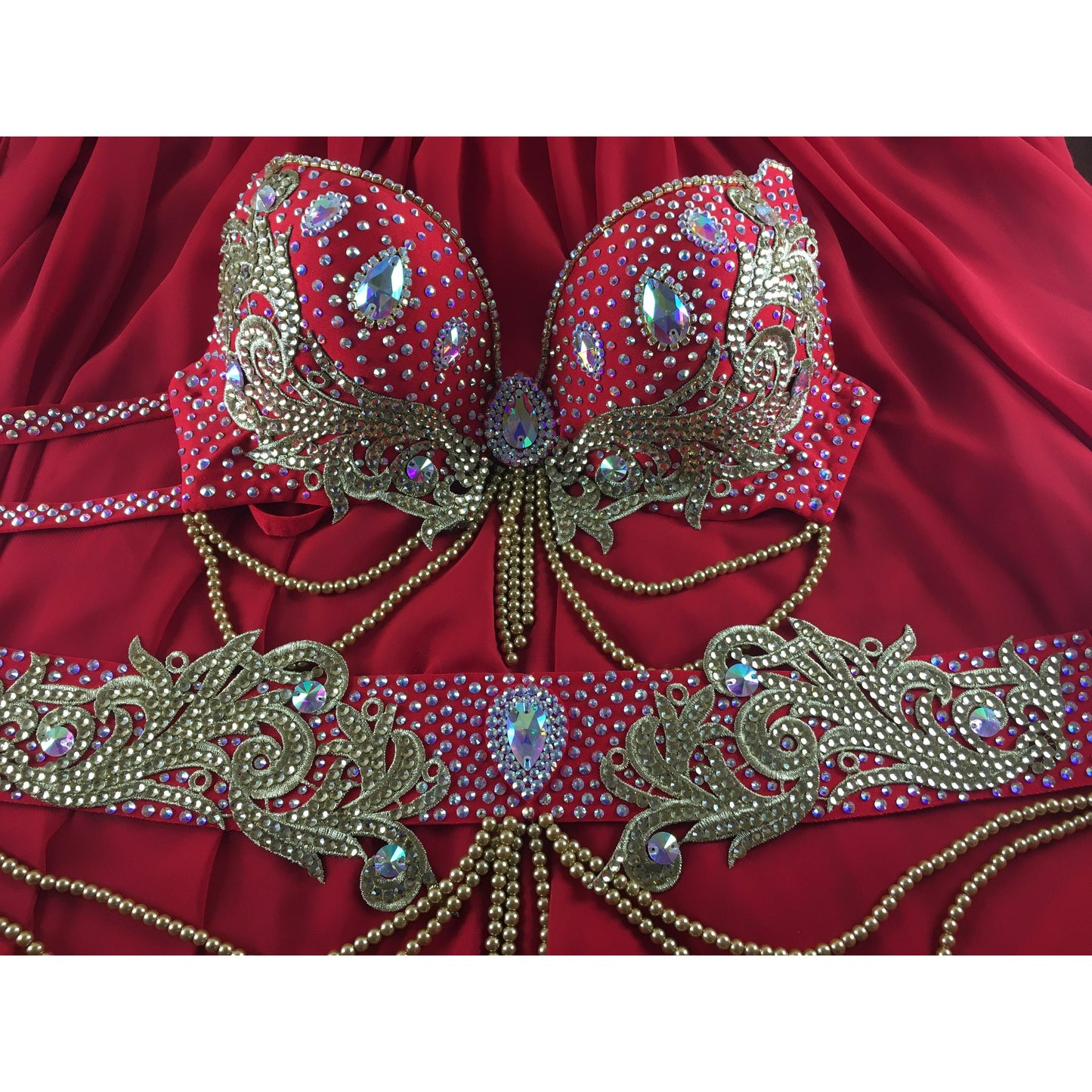 Custom Red Belly Dance Costume with Chiffon Circle Skirt – Royal Ember