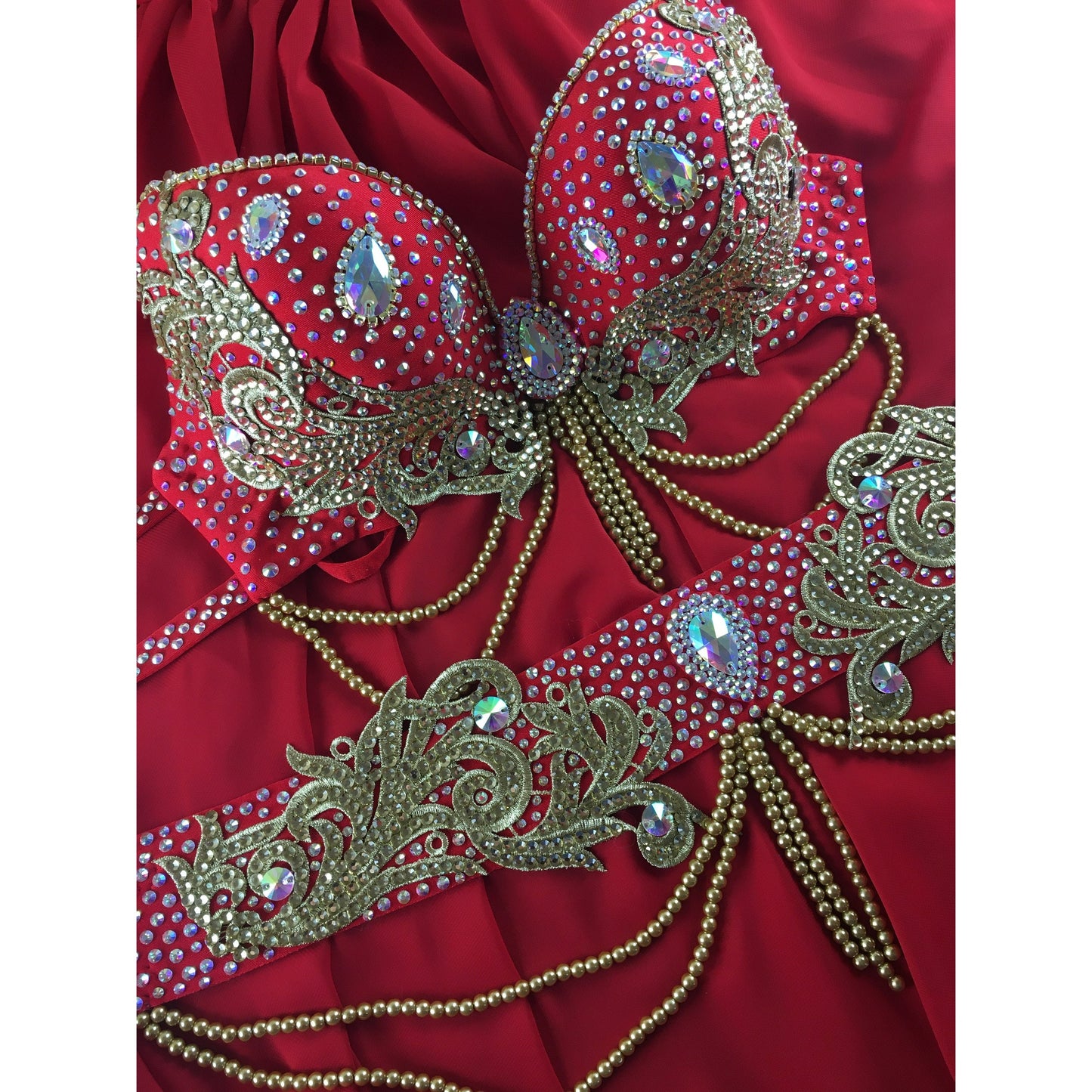 Custom Red Belly Dance Costume with Chiffon Circle Skirt – Royal Ember