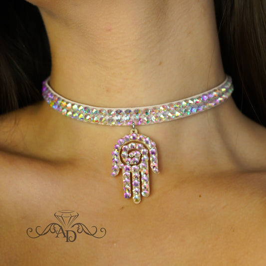 Crystal AB rhinestone ballroom dance choker necklace with Hamsa pendant by Amalia Design, elegant belly dance jewelry for competitions and stage performances.