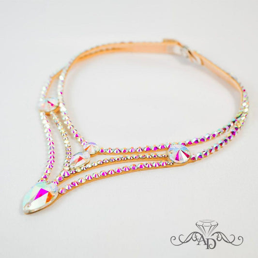 Crystal AB rhinestone ballroom dance necklace with layered design by Amalia Design, elegant ballroom dance jewelry and latin dance accessory for stage competitions and performances.