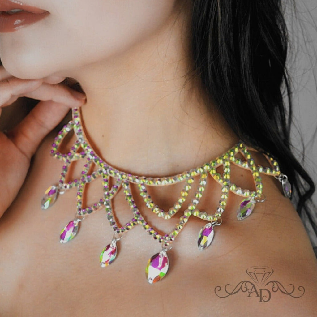 Crystal AB rhinestone ballroom dance necklace by Amalia Design with teardrop pendants, perfect for latin dance jewelry, competition costumes, and ballroom performances.