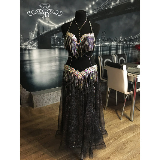 Black belly dance costume with glitter circle skirt and rich AB rhinestone fringe on bra and belt