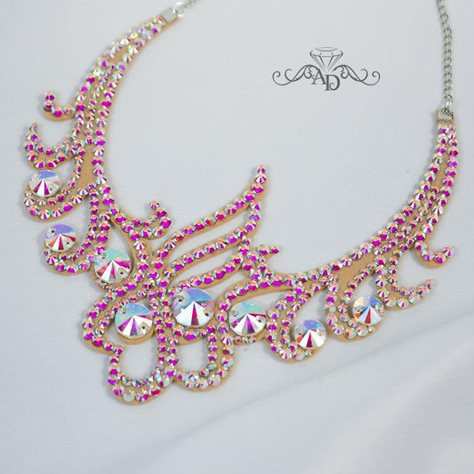 Amalia Design crystal AB rhinestone necklace, dazzling dance jewelry for showgirls, burlesque performances and festival costumes.