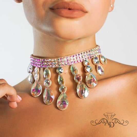 Crystal AB rhinestone ballroom dance choker with teardrop pendants by Amalia Design, elegant ballroom and latin dance jewelry for stage performances and competitions.