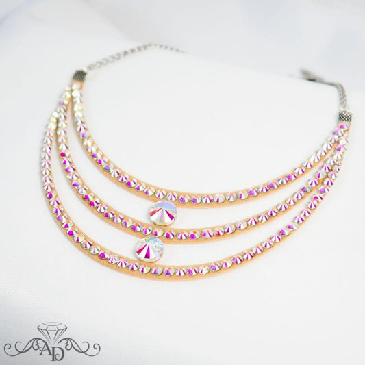 Crystal AB rhinestone ballroom dance necklace with layered strands by Amalia Design, elegant belly dance jewelry and latin dance accessory for stage performances and competitions.