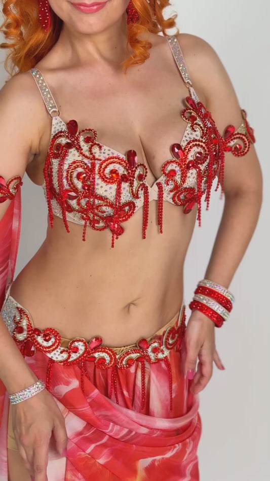 Professional Belly Dance Costume with Rhinestone Chain Fringe