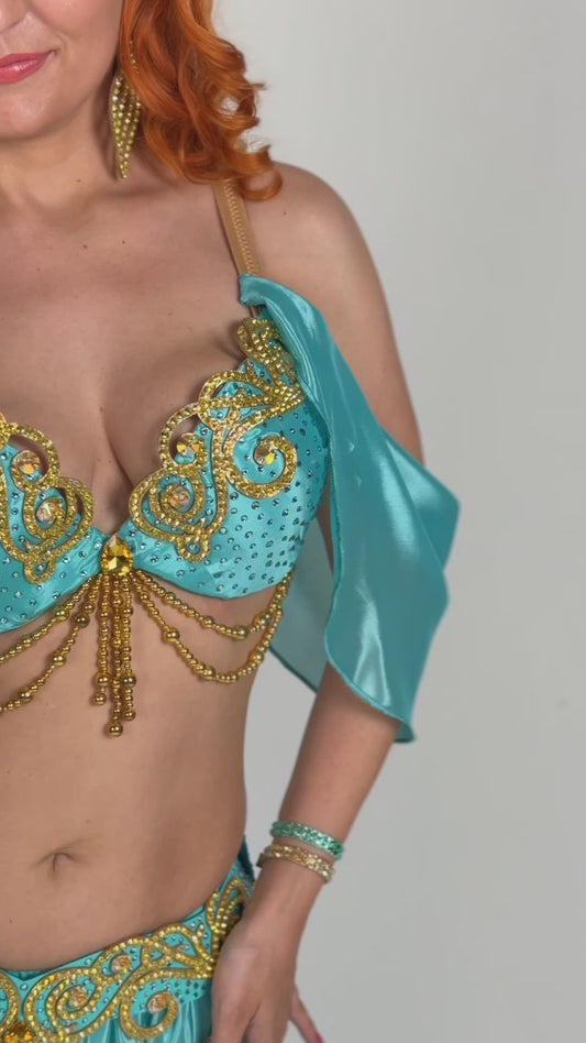 Luxury Belly Dance Costume with Full Circle Pearl Chiffon Skirt