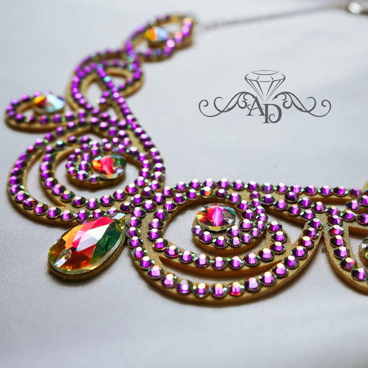 Crystal AB rhinestone necklace with intricate swirling patterns, designed for bellydance costumes and stage performances.