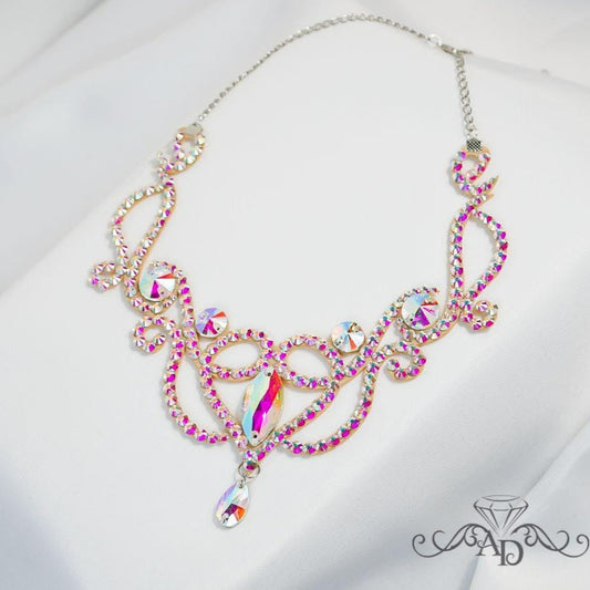 Ballroom dance necklace with crystal AB rhinestones, elegant belly dance jewelry by Amalia Design. Rhinestone dance necklace perfect for ballroom and stage performances.