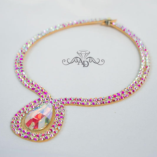 Crystal AB rhinestone ballroom dance necklace with teardrop pendant by Amalia Design, elegant belly dance necklace and latin dance jewelry for stage performances and competitions.