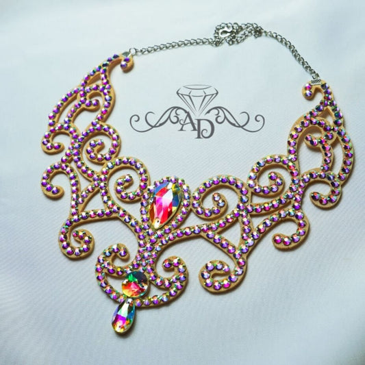 Amalia Design crystal AB rhinestone necklace with ornate scroll design, dazzling dance jewelry for showgirls, burlesque stage costumes and theatrical performances.