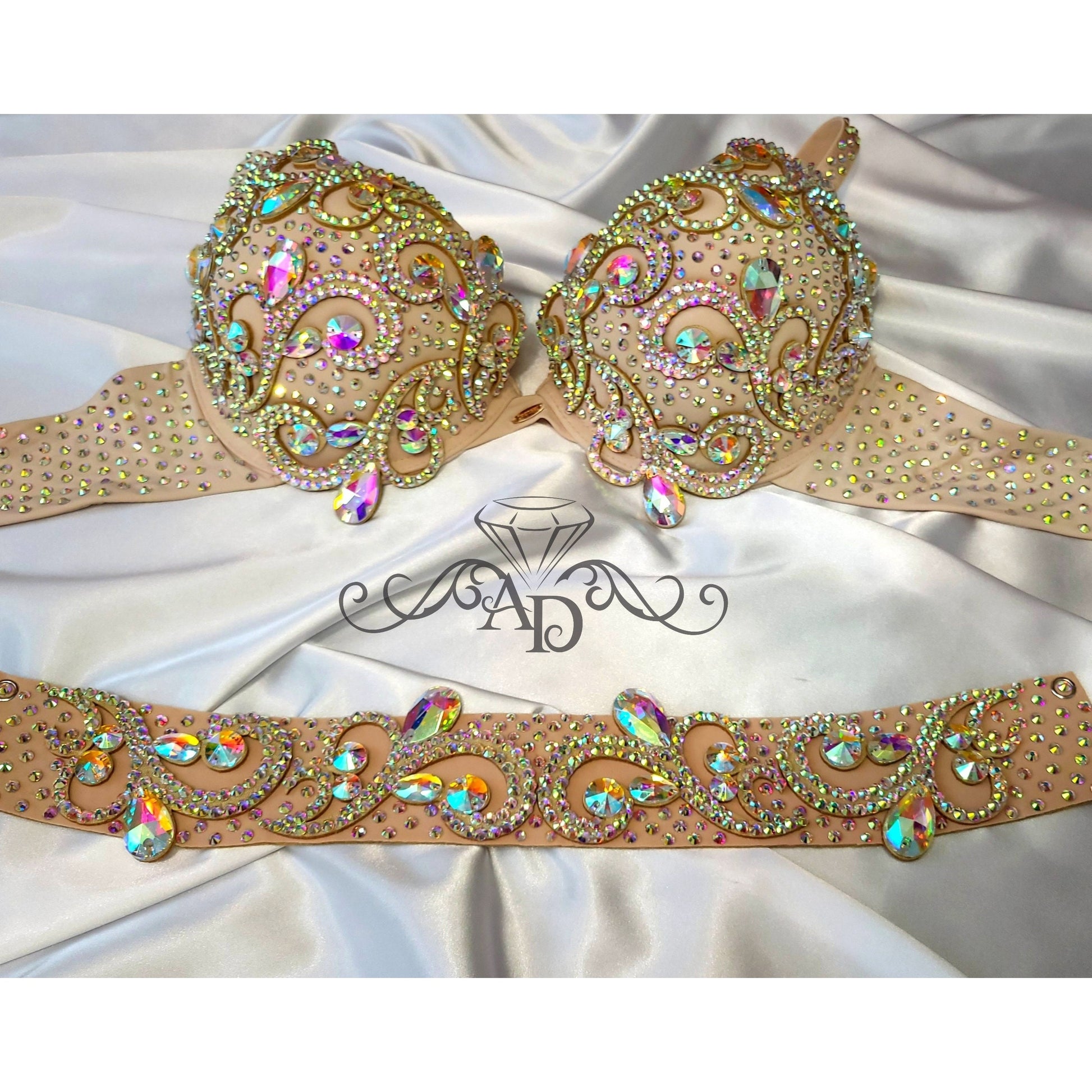 Beige belly dance bra and belt base set with AB rhinestones and swirl design