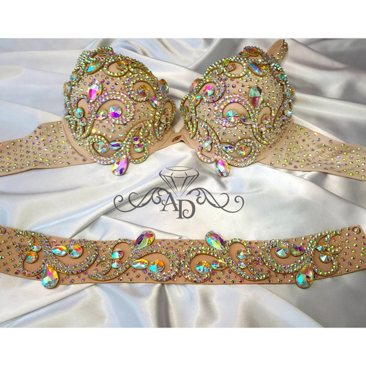 Beige belly dance bra and belt base set with AB rhinestones and swirl design
