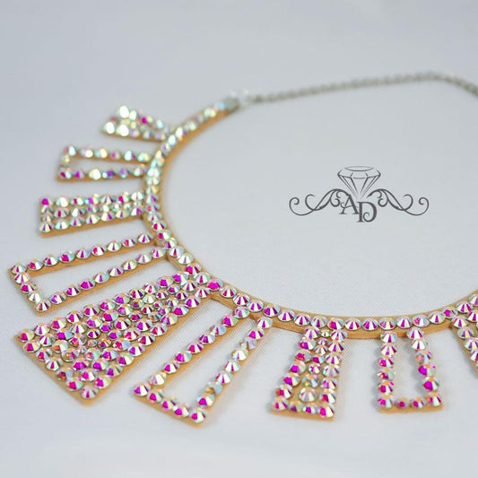 Crystal AB rhinestone showgirl necklace with geometric fringe design, ideal for burlesque performances, cabaret and stage costumes.